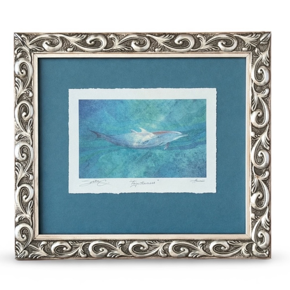 Pam E Webb “Togetherness” Dolphin Art Print Framed Blue Mat Silver Frame Coastal - Picture 3 of 4